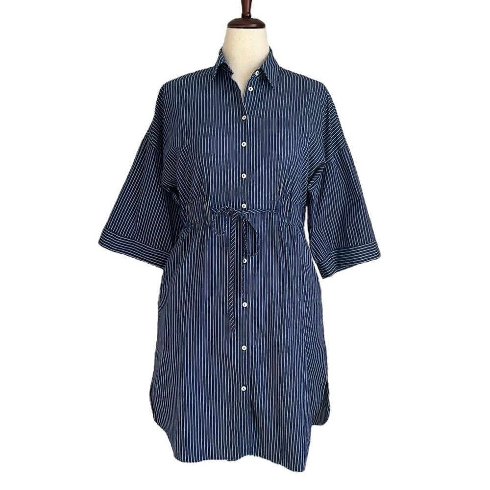 Zara Blue & White Striped Button Down Shirt Dress Side Pockets EUC Size S